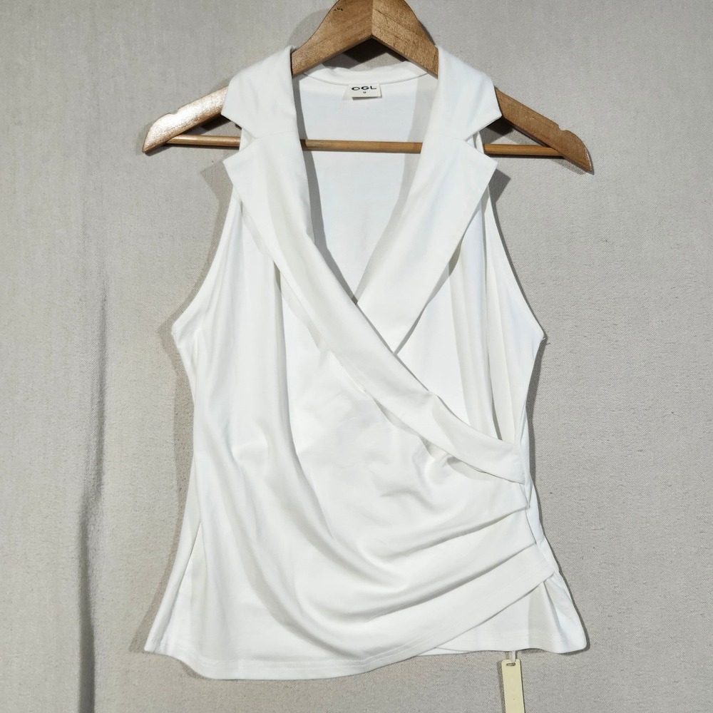 OGL White Sleeveless Draped Wrap Top Notched Lapel Surplice V-Neck Medium NWT